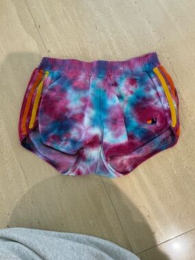 Aviator Nation Pink and Blue Tie-Dye Fleece Shorts with Yellow Accent
